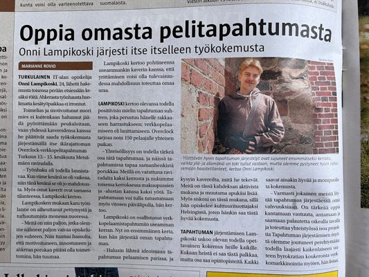 Newspaper clipping: Oppia omasta pelitapahtumasta (Aamuset)